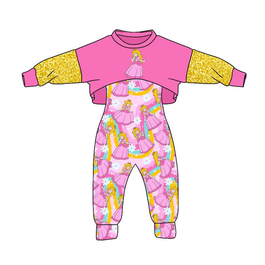 (Custom Design MOQ 5) Pink Games Princess Girls Jumpsuits Clothes Set