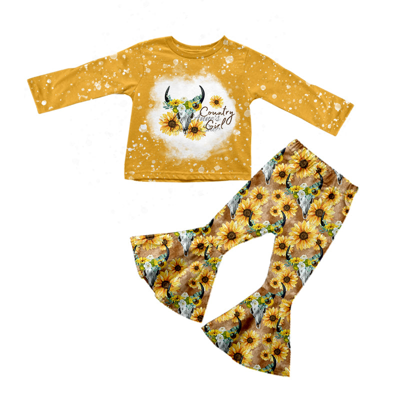 (Custom Design Preorder MOQ 5) Country Girl Sunflowers Print Girls Clothes Set