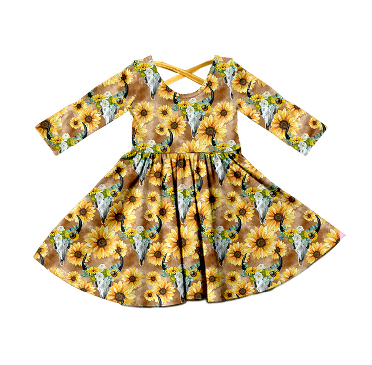 (Custom Design Preorder MOQ 5) Sunflowers Print Girls Western Knee Length Dress