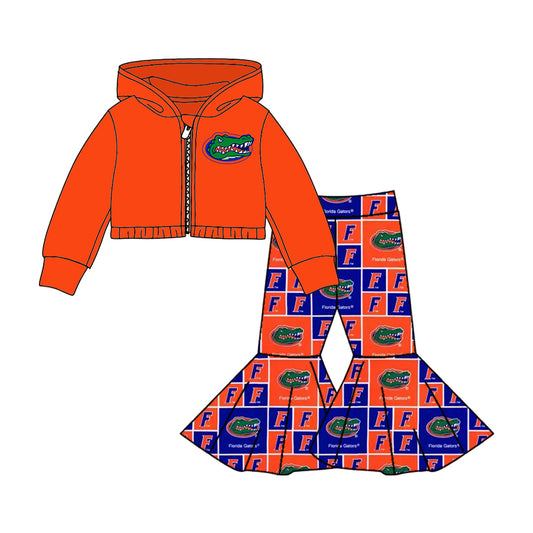 (Custom Design MOQ 5) Orange Football Team's Print Bell Pants Hoodie Jacket Top Girls Clothes Set