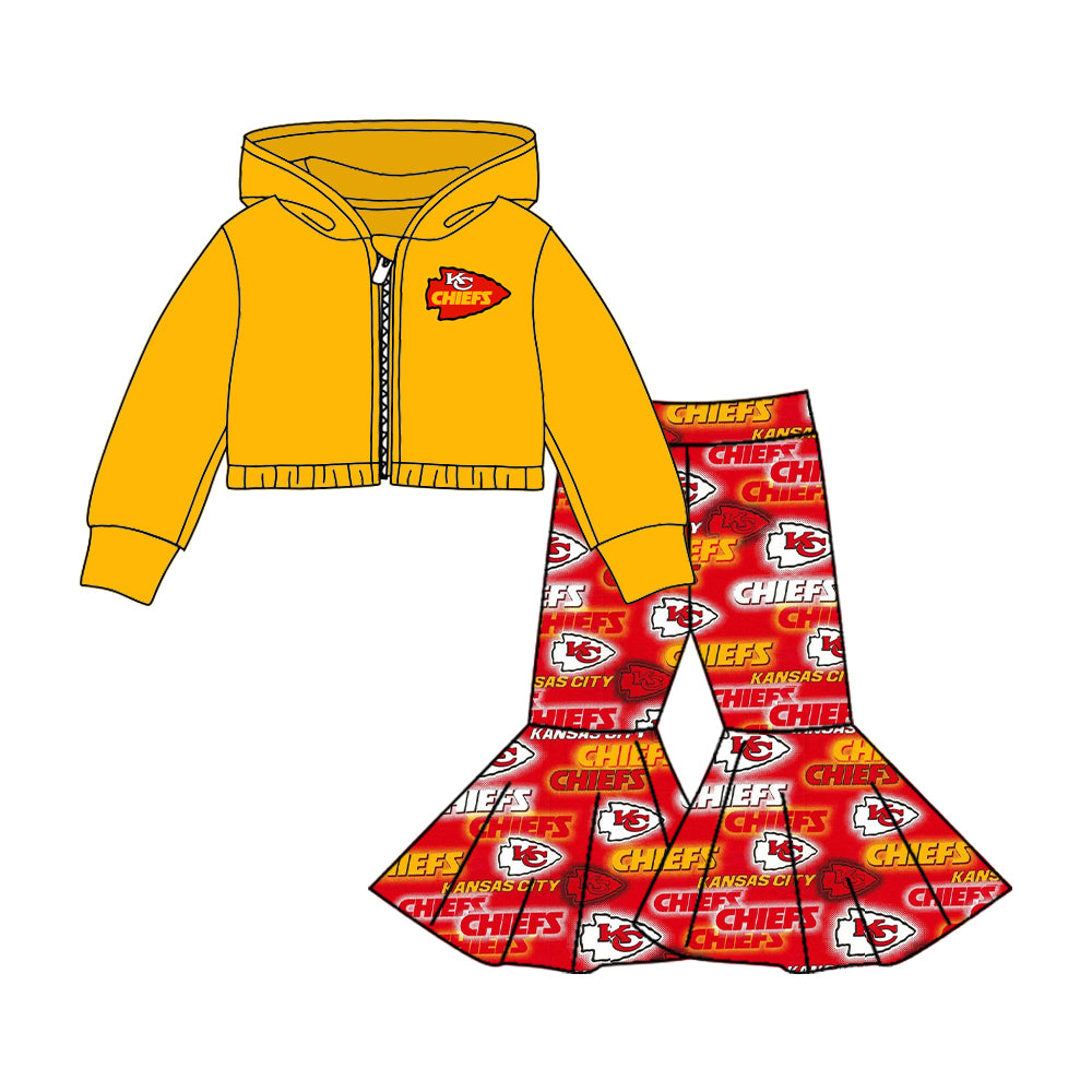 (Custom Design MOQ 5) KC Football Team's Print Bell Pants Hoodie Jacket Top Girls Clothes Set