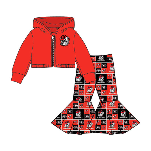 (Custom Design MOQ 5) Red G Football Team's Print Bell Pants Hoodie Jacket Top Girls Clothes Set