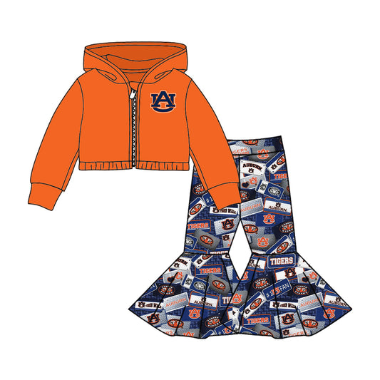 (Custom Design MOQ 5) Orange AU Football Team's Print Bell Pants Hoodie Jacket Top Girls Clothes Set