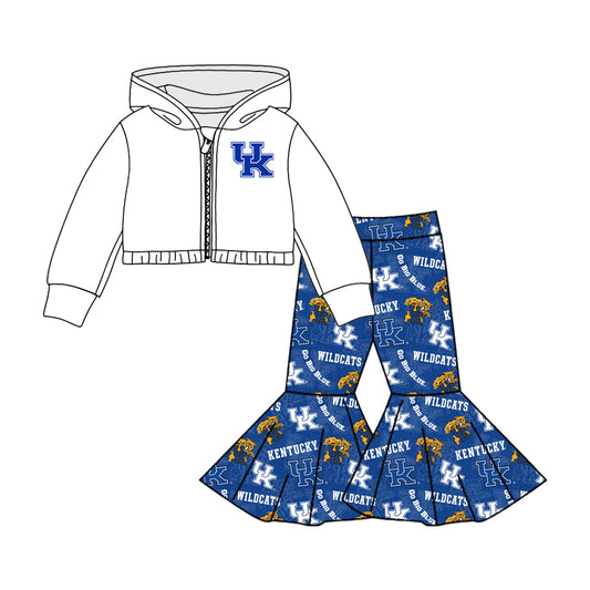 (Custom Design MOQ 5) Blue UK Football Team's Print Bell Pants Hoodie Jacket Top Girls Clothes Set