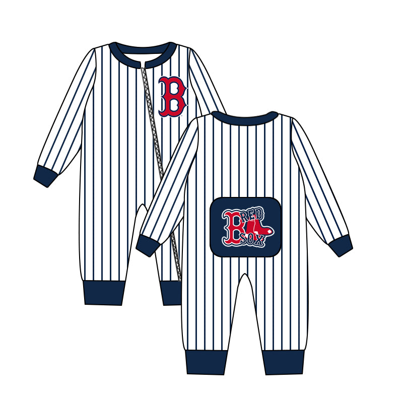 (Custom Design Preorder MOQ 5)Navy Sports Team's B Print Infant Zipper Romper