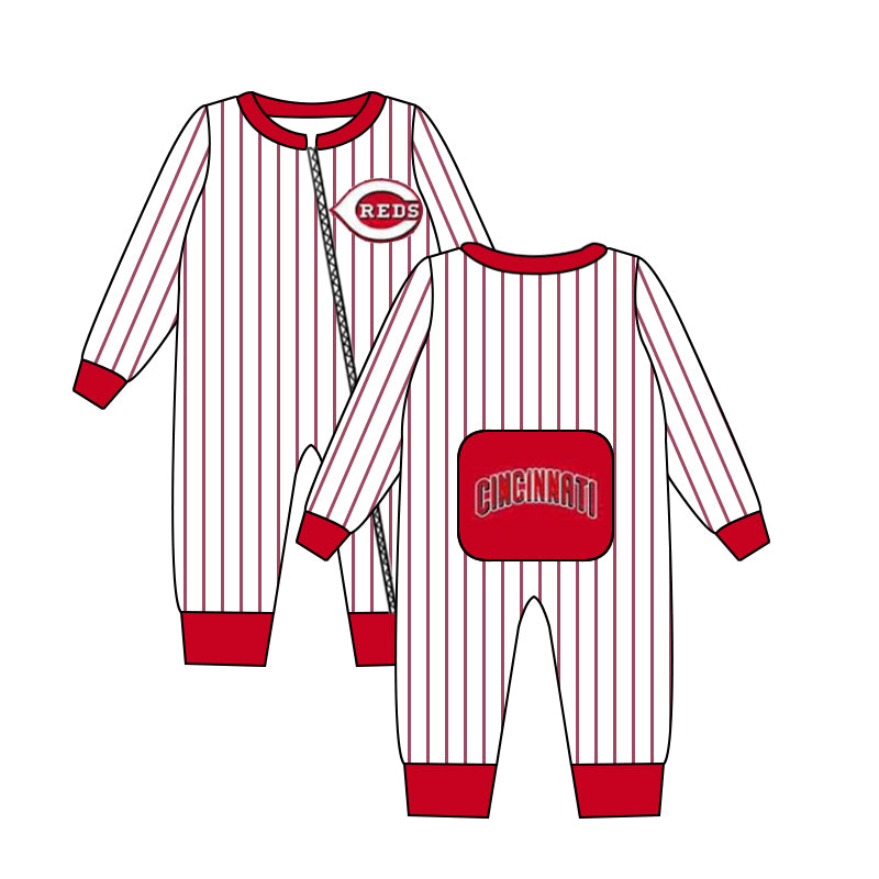 (Custom Design MOQ 5)  Red Sports Team's R Print Infant Zipper Romper