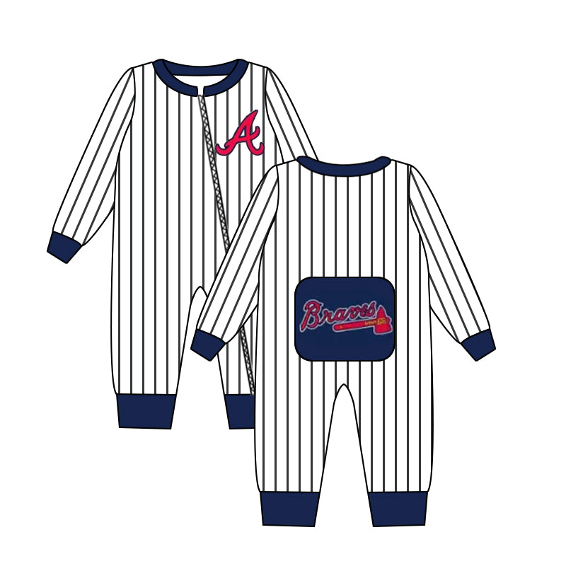 (Custom Design Preorder MOQ 5)Navy Sports Team's A Print Infant Zipper Romper