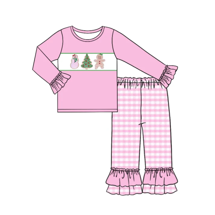 (Custom Design MOQ 5) Pink Snowman Gingerbread Christmas Tree Print Girls Pajamas Clothes Set