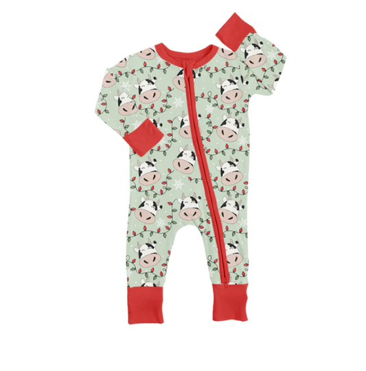 (Custom Design MOQ 5) Cow Baby Christmas Zip Romper