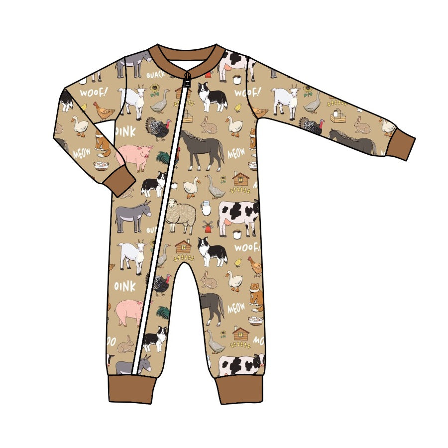 (Custom Design MOQ 5) Brown Farm Animals Baby Boys Zip Romper