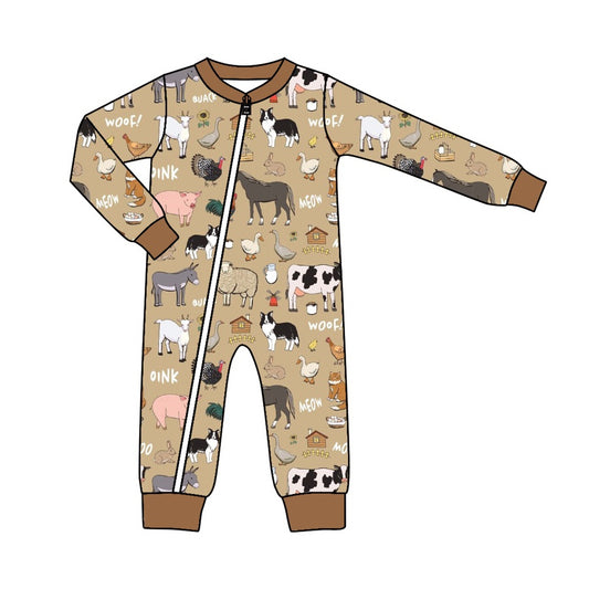 (Custom Design MOQ 5) Brown Farm Animals Baby Boys Zip Romper