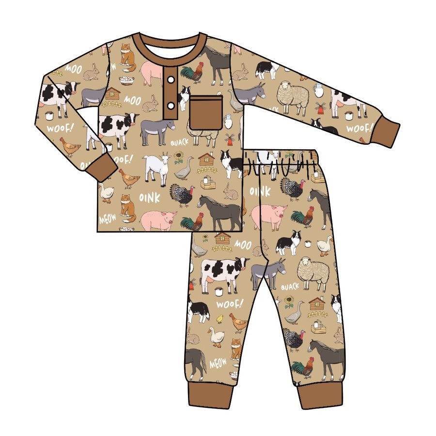 (Custom Design MOQ 5)  Brown Farm Animals Boys Pajamas Clothes Set