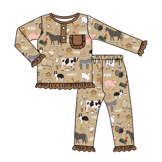 (Custom Design MOQ 5)  Brown Farm Animals Girls Pajamas Clothes Set