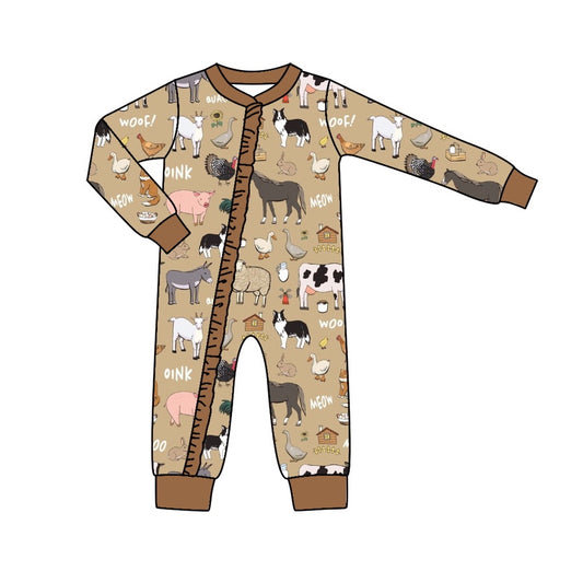 (Custom Design MOQ 5) Brown Farm Animals Baby Girls Zip Romper