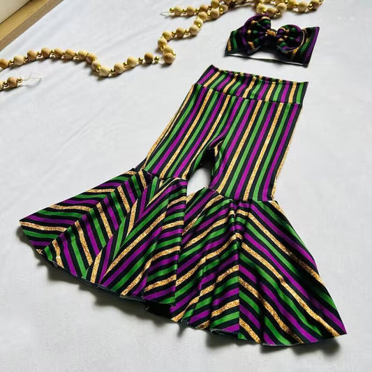 (Custom Design MOQ 5) Purple Stripes Print Girls Mardi Gras Bell Bottom Pants