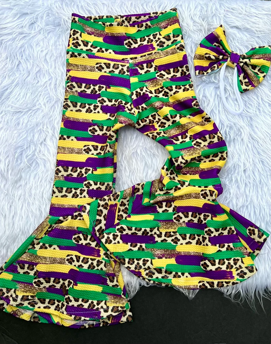 (Custom Design MOQ 5) Yellow Leopard Print Girls Mardi Gras Bell Bottom Pants