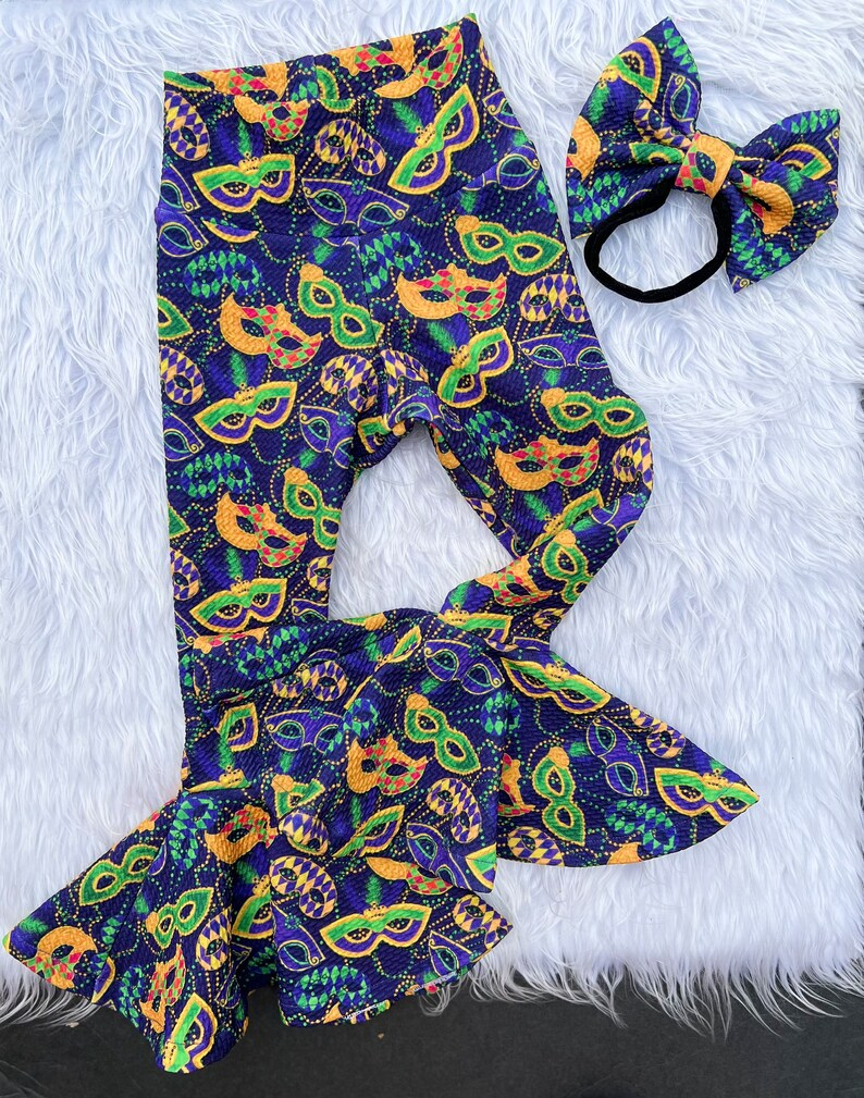 (Custom Design MOQ 5) Purple Mask Print Girls Mardi Gras Bell Bottom Pants