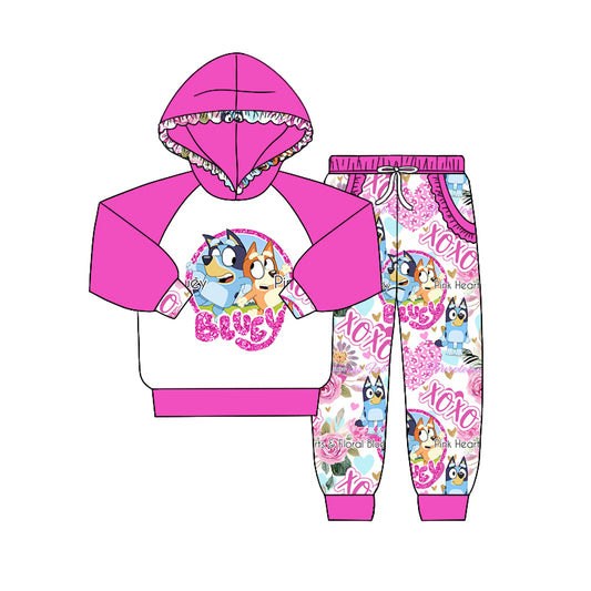 (Custom Design Preorder MOQ 5) Pink Cartoon Dog XOXO Print Girls Hoodie Valentine's Clothes Set