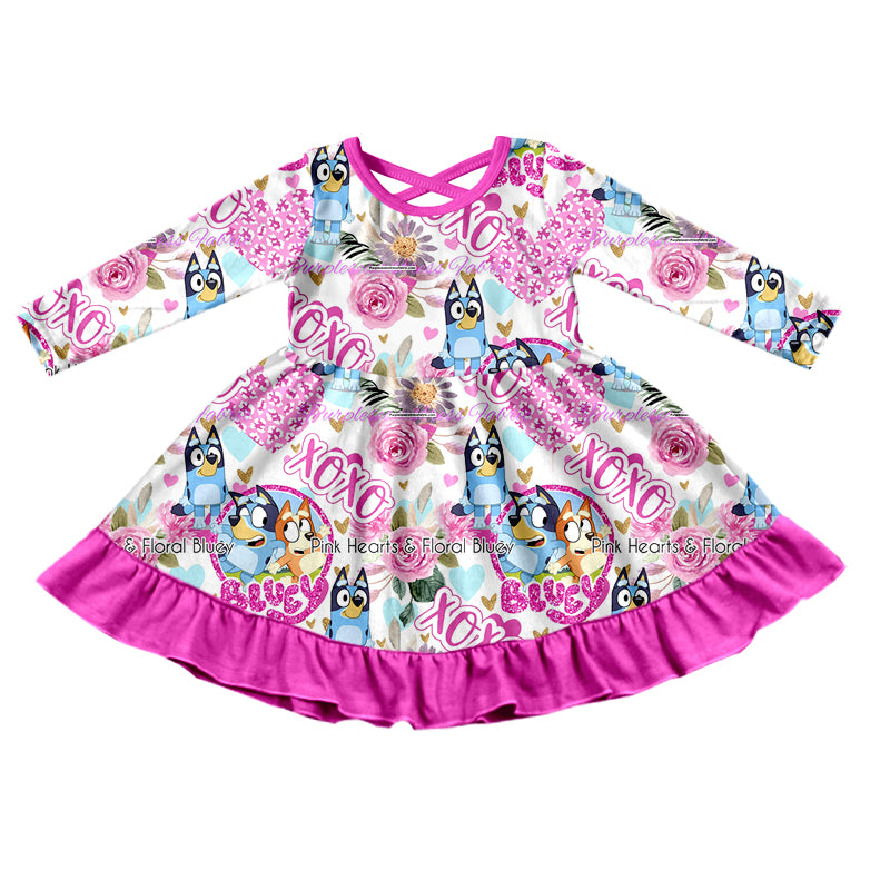 (Custom Design Preorder MOQ 5) Pink Cartoon Dog XOXO Print Girls Valentine's Knee Length Dress