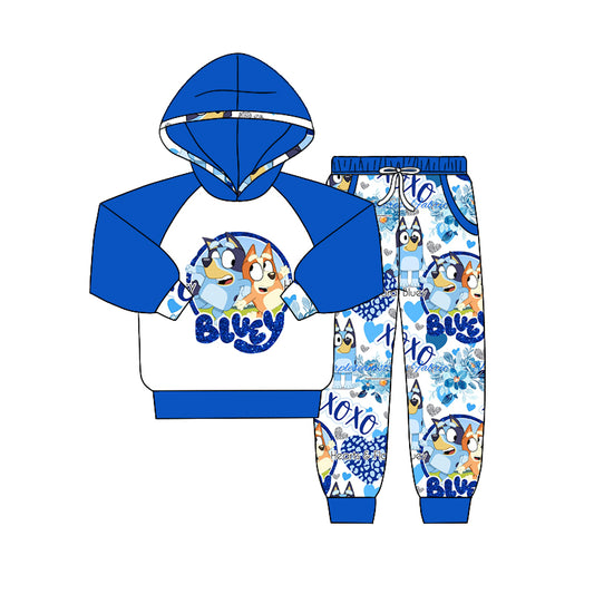 (Custom Design Preorder MOQ 5) Blue Cartoon Dog XOXO Print Boys Hoodie Valentine's Clothes Set