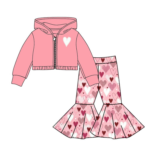 (Custom Design Preorder MOQ 5) Pink Heart Print Hoodie Jackets Top Bell Pants Girls Valentine's Clothes Set