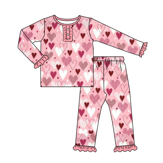 (Custom Design Preorder MOQ 5) Pink Heart Print Girls Pajamas Valentine's Clothes Set