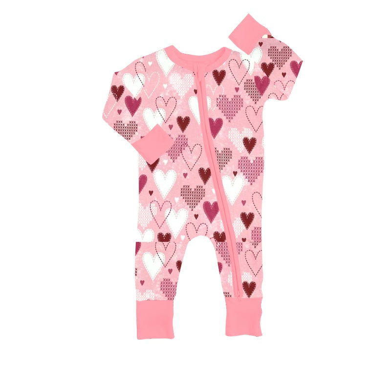 (Custom Design Preorder MOQ 5) Pink Heart Print Baby Girls Valentine's Sleeper Zipper Romper