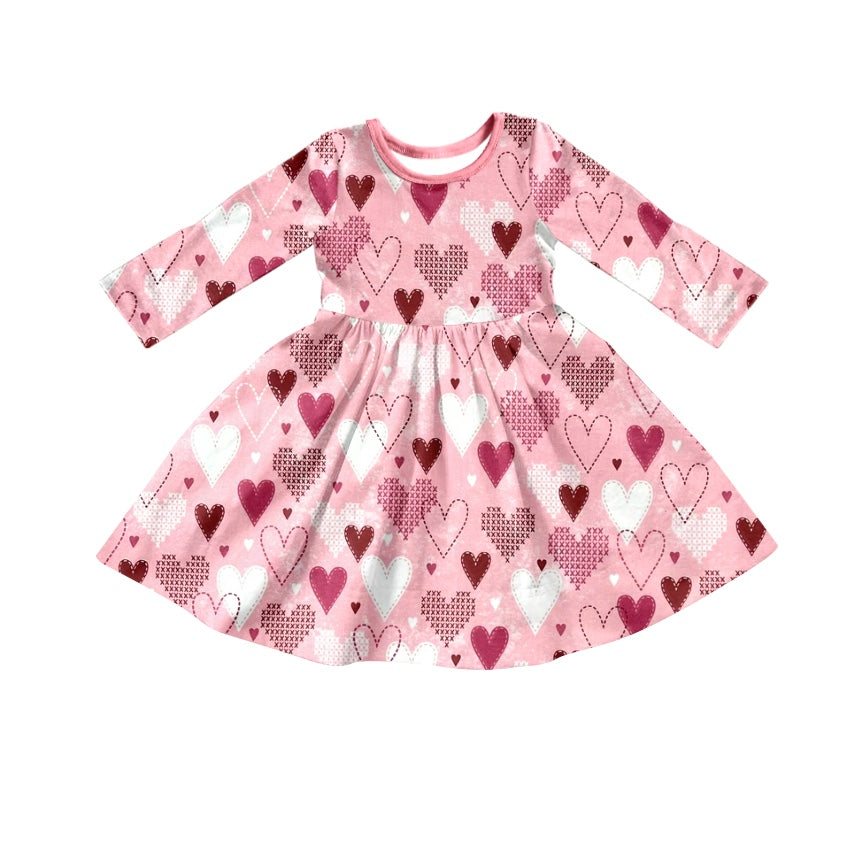 (Custom Design Preorder MOQ 5) Pink Heart Print Girls Valentine's Knee Length Dress