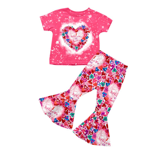 (Custom Design Preorder MOQ 5) Pink Heart Print Girls Valentine's Clothes Set