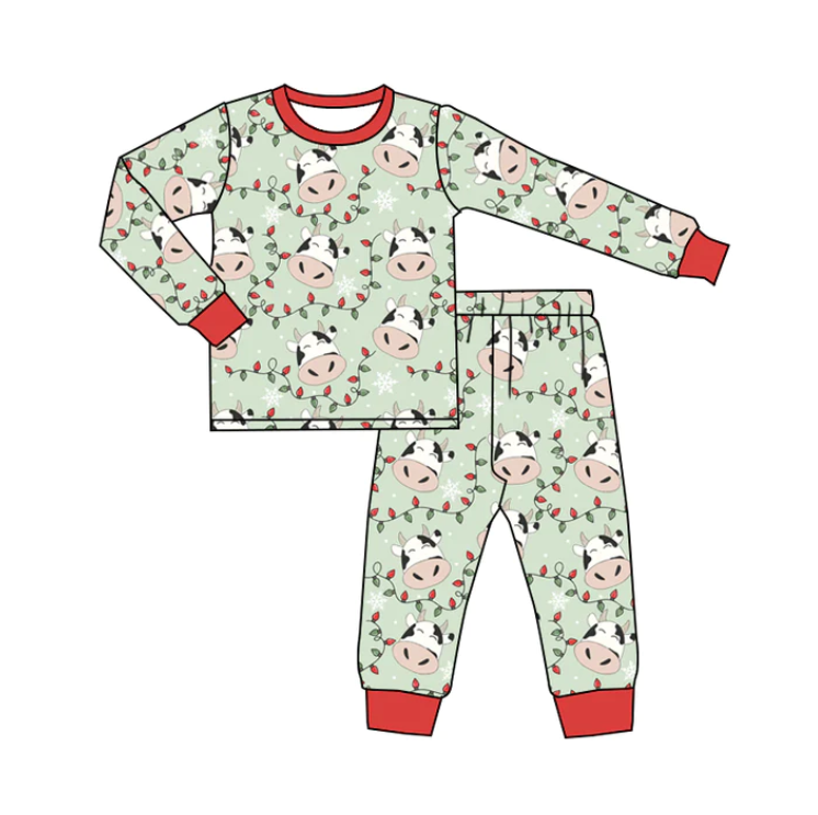 (Custom Design MOQ 5) Cow Print Kids Christmas Pajamas Clothes Set