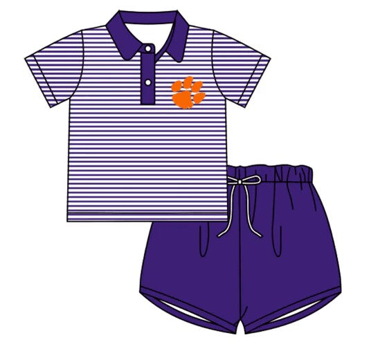 (Custom Design MOQ 5) Boys Purple LSU Football Team's Print Shorts Clothes Set