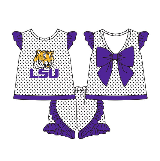 (Custom Design Preorder MOQ 5)Purple LSU Football Team's Girls Shorts Clothes Set