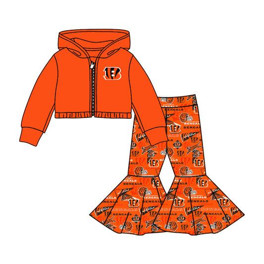 (Custom Design MOQ 5) Orange Football Team's Bell Pants Hoodie Jacket Top Girls Clothes Set