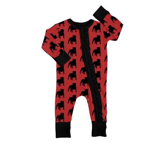 (Custom Design MOQ 5) Red Black Football Team's Baby Girls Zip Romper