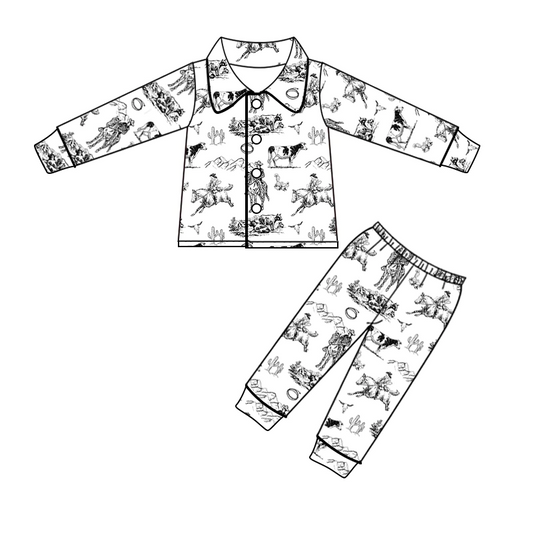 (Custom Design MOQ 5) Kids White Cowboy Western Fall Button Pajamas Girls Clothes Set