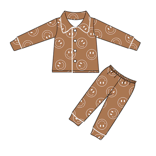 (Custom Design MOQ 5) Kids Brown Smile Face Fall Button Pajamas Girls Clothes Set