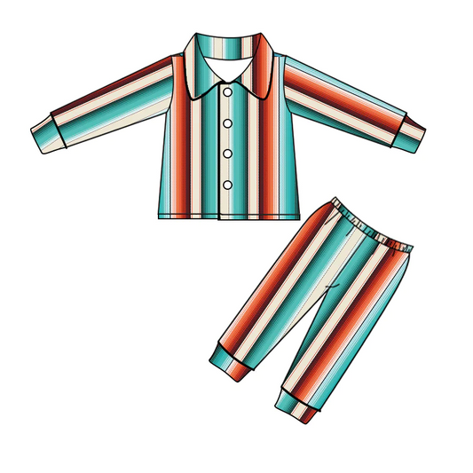 (Custom Design MOQ 5) Kids Stripes Western Fall Button Pajamas Girls Clothes Set