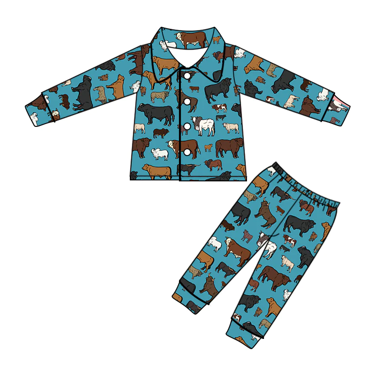 (Custom Design MOQ 5)  Kids Blue Cow Western Fall Button Pajamas Girls Clothes Set