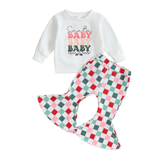 (Custom Design MOQ 5) Santa Baby Plaid Bell Pants Girls Christmas Clothes Set