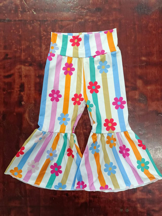 (Custom Design Preorder MOQ 5) Colorful Stripes Flowers Print Girls Bell Pants