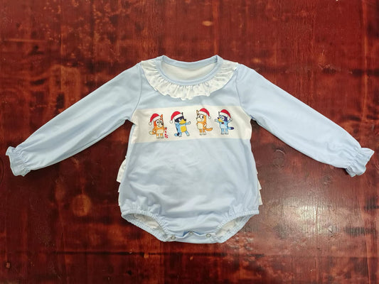 (Custom Design MOQ 5) Blue Cartoon Dog Baby Girls Christmas Bubble Romper