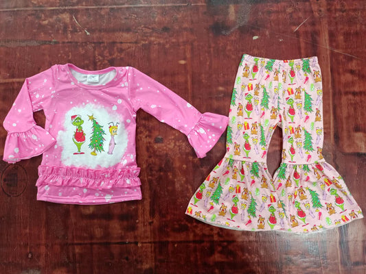 (Custom Design MOQ 5) Pink Frog Bell Pants Girls Christmas clothes set