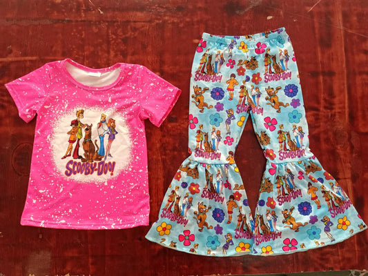 (Custom Design MOQ 5) Hot Pink Cartoon Dog Bell Pants Girls Clothes Set