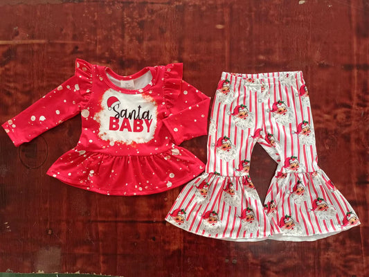 (Custom Design MOQ 5) Red Santa Baby Bell Pants Girls Christmas Clothes Set