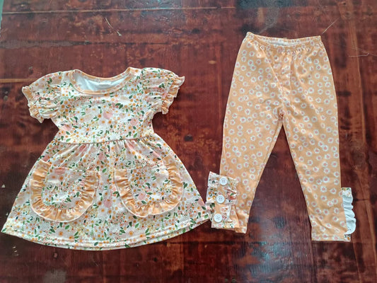 (Custom Design MOQ 5) Orange Flowers Girls Clothes Set