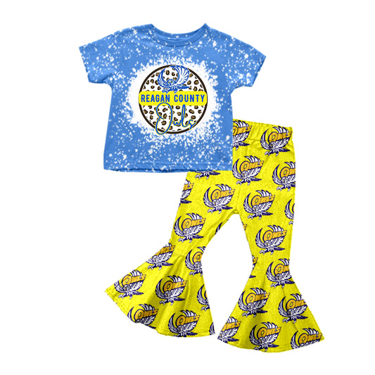 (Custom Design MOQ 5)  Blue Top Yellow Pants Football Team's Girls Clothes Set