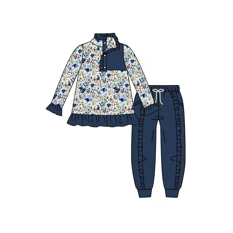 (Custom Design MOQ 5)  Navy flowers print button pullover shirts pants girls fall clothes set