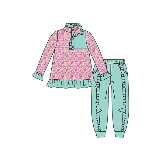 (Custom Design MOQ 5) Pink flowers print button pullover shirts pants girls fall clothes set