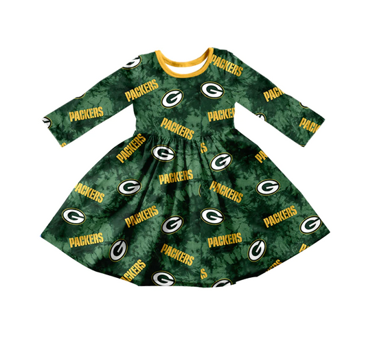 (Custom Design MOQ 5) Green Football Team's Print girls knee length dress