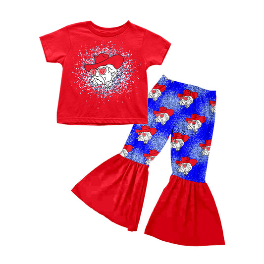 (Custom Design MOQ 5) Red Football Team's Bell Pants Girls Clothes Set